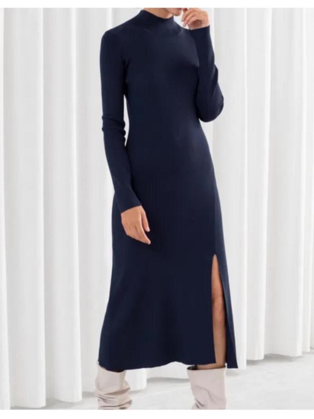 & Other Stories Paris Atelier Navy Ribbed Knit Midi Dress Mock Neck Slit Small